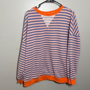 Amazon Peach and Blue Striped Crewneck with Orange Trim